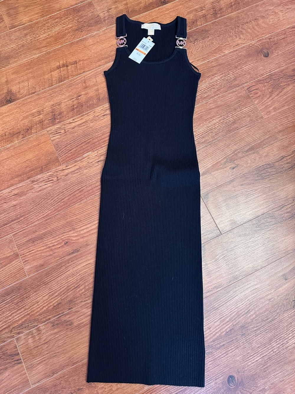 Michael Kors Black Ribbed Maxi Dress with Logo Strap Details
